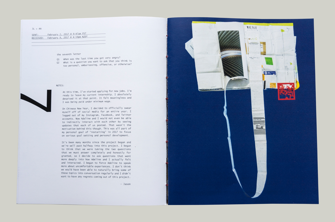 Letter 7 of 10 from The 10 Letters Project. On the left-hand page of the spread, is the number 7 and paragraph detailing the thoughts of the two artists. On the right-hand side is an image of the 7th letter which includes a long scroll-like paper.