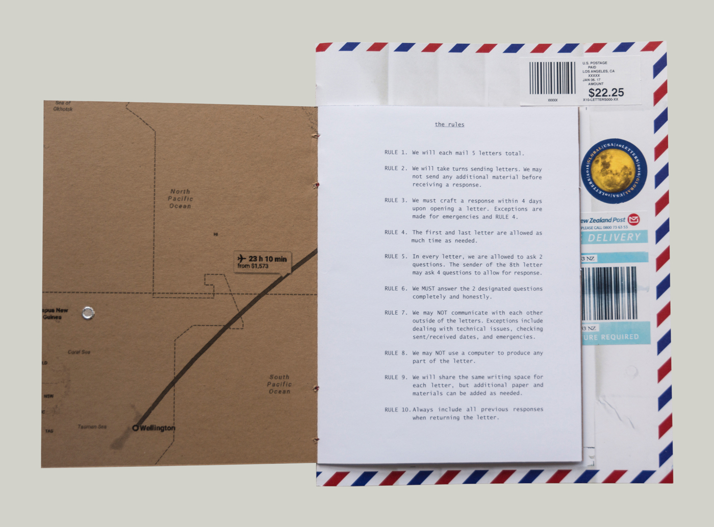 The opening page to The 10 Letters Project. 10 rules are listed. On the inside front cover, is a map of the Pacific Ocean. New Zealand sits in the bottom left corner.