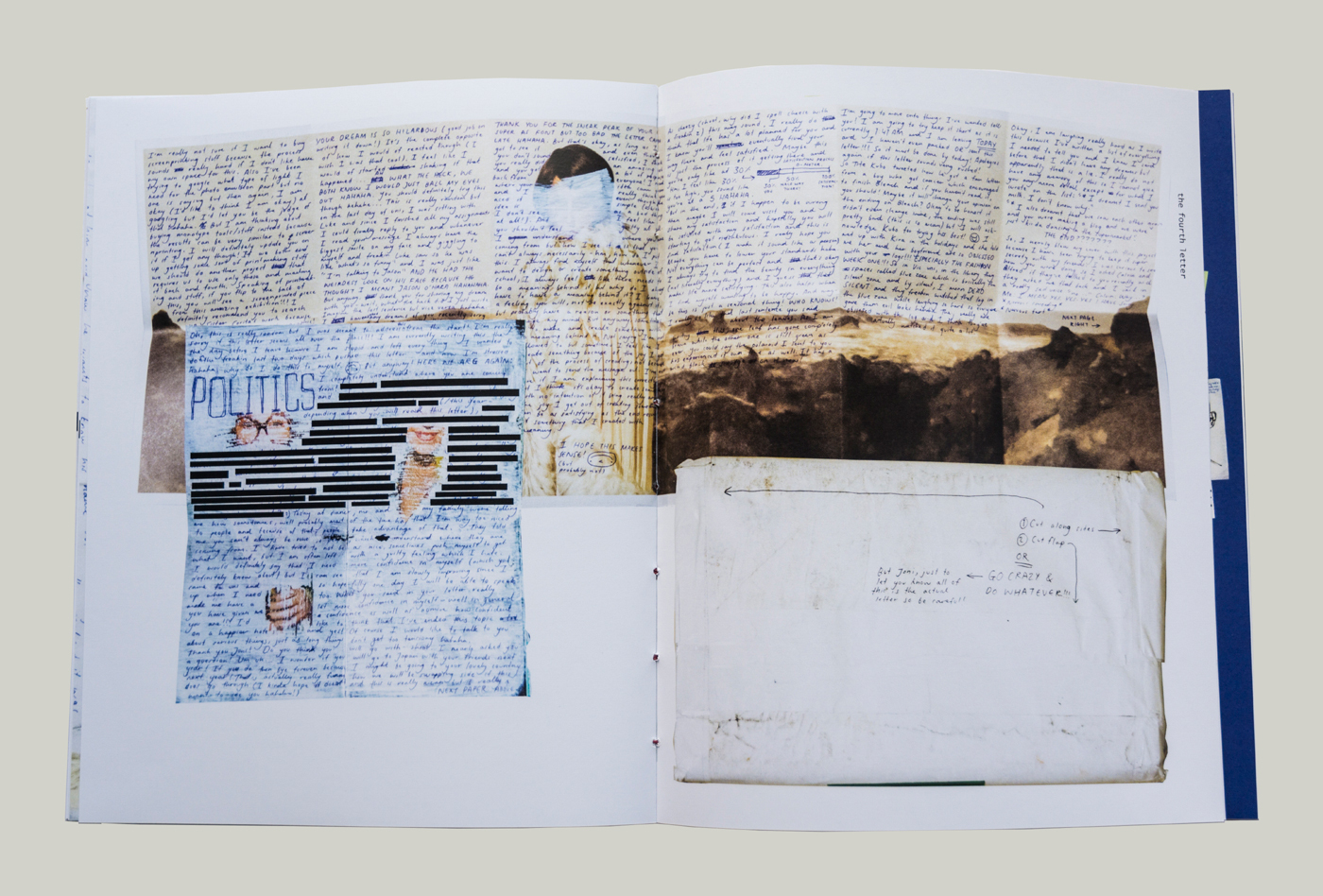 An interior spread of the book "The 10 Letters Project." A postcard from a Cindy Sherman exhibit is painted over and written on with blue pen.