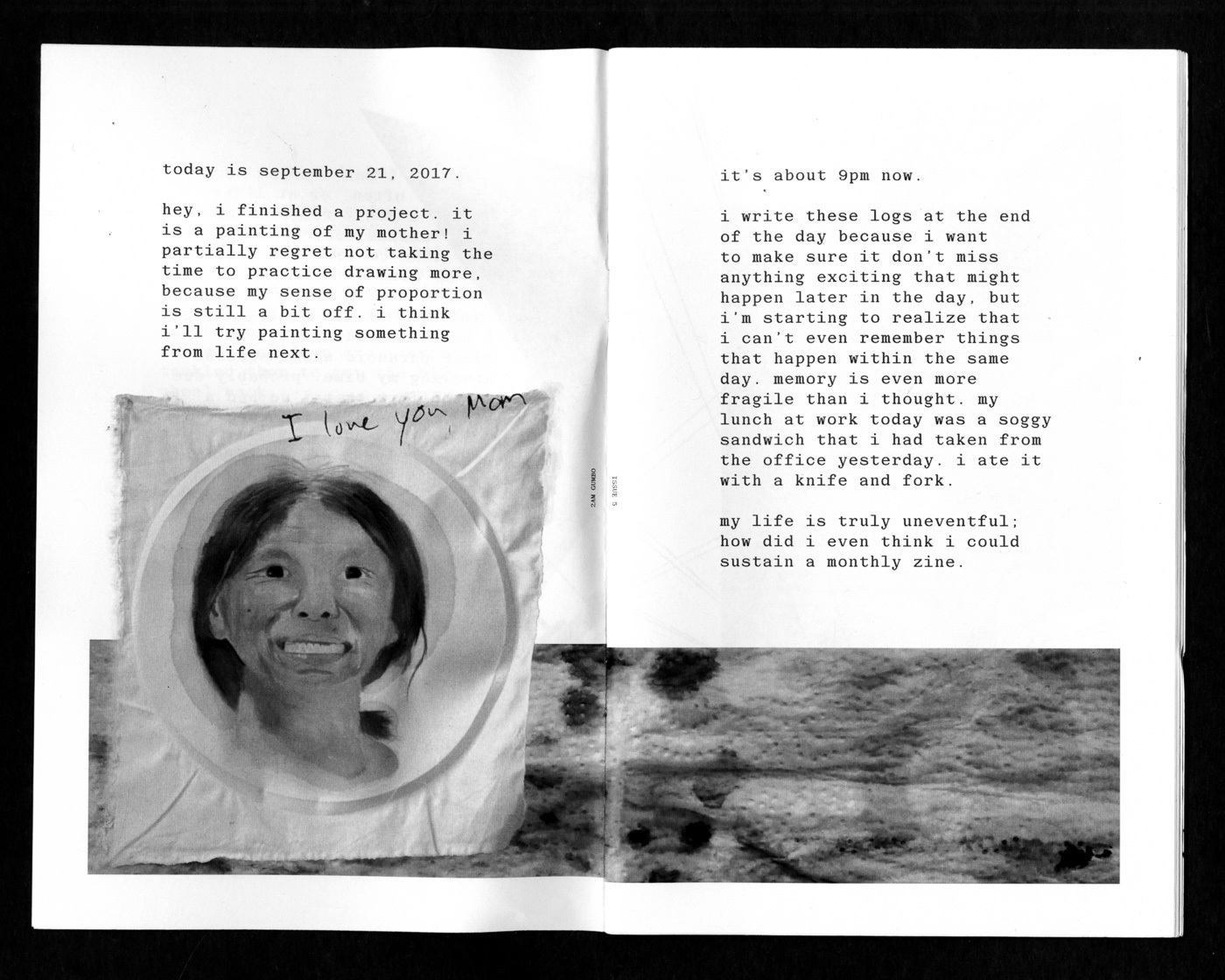 an interior spread from the zine 2A.M. Gumbo. there is a painting of the artist's mother with the words "I love you mom"