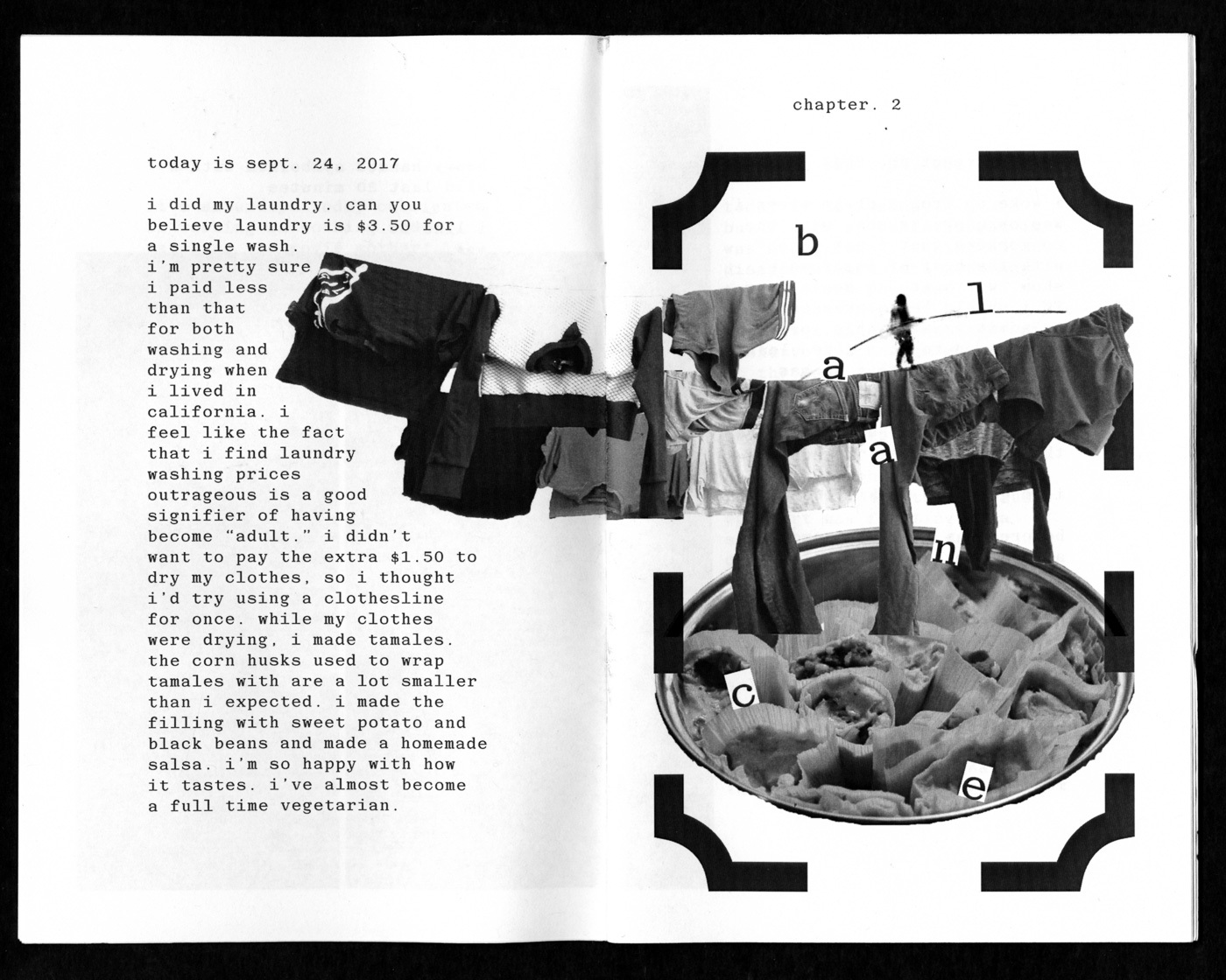 an interior spread from the zine 2A.M. Gumbo. there is an image of a clothing line and a tightrope walker walking across it