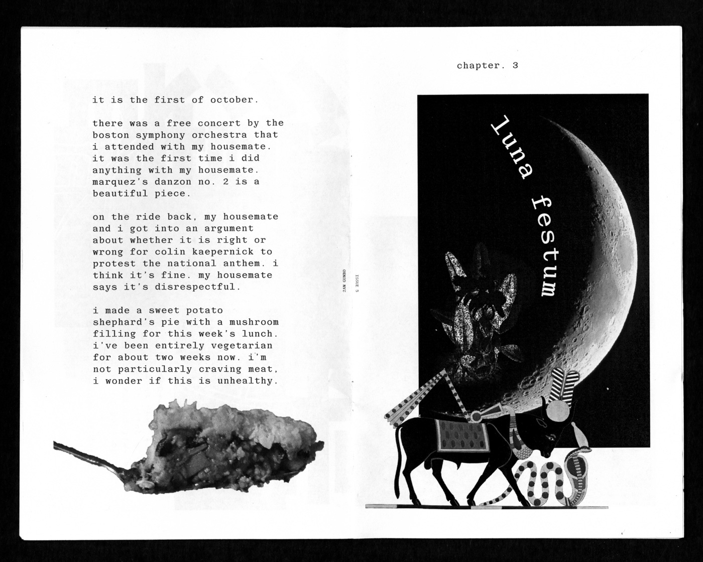an interior spread from the zine 2A.M. Gumbo. there is an image of a crescent moon with the words "luna festum"