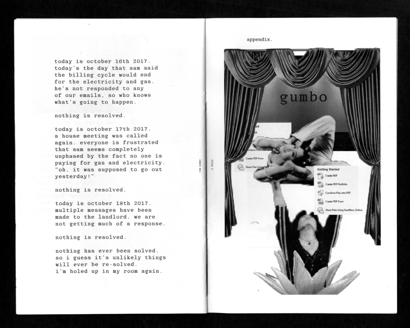 an interior spread from the zine 2A.M. Gumbo. there is an image of a contortionist surrounded by stage curtains and PDF export settings