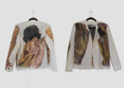 a front and back view of a jacket hung on a clothes hanger. On both sides, images of a nude person is painted on it.