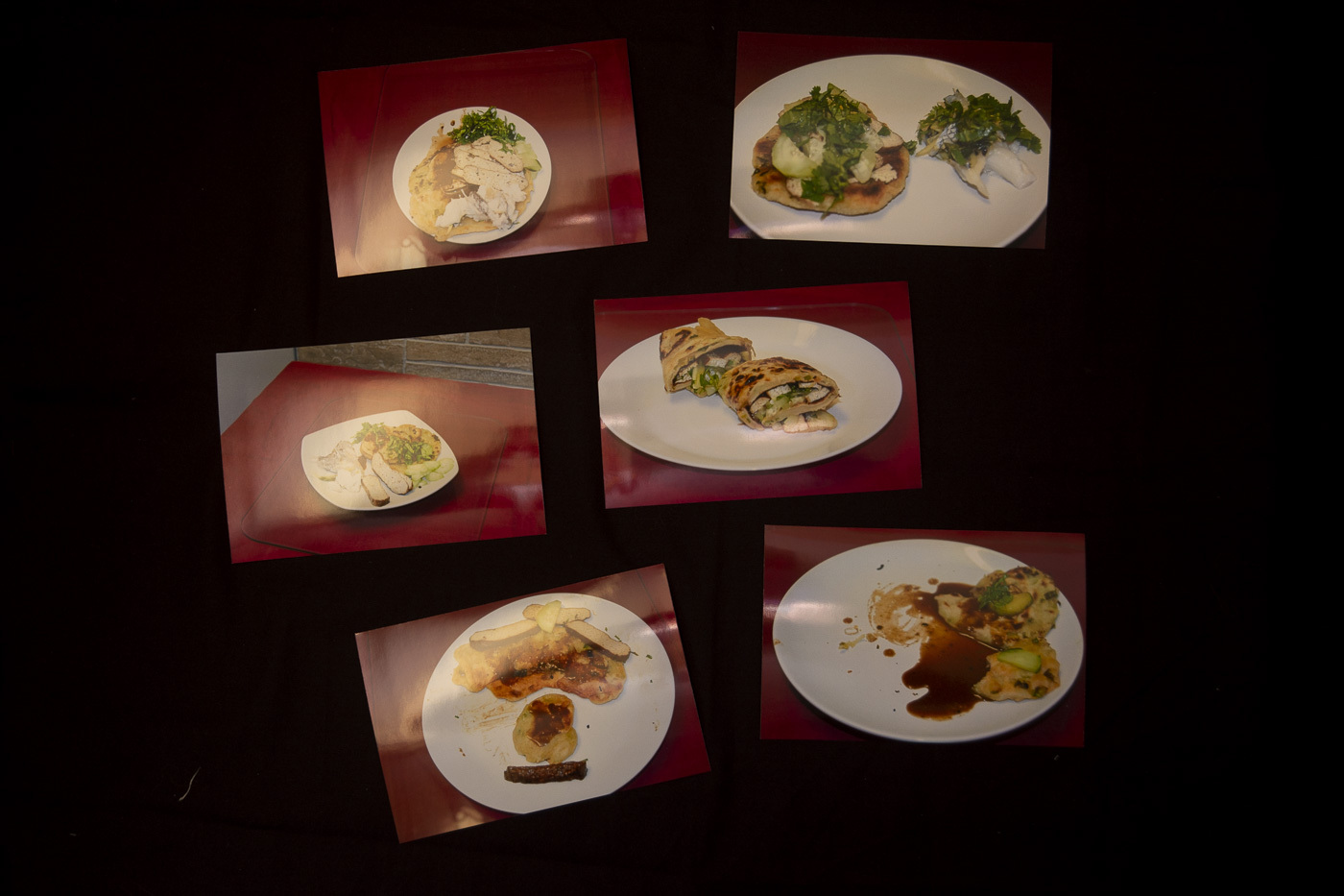 6 photographs of various scallion pancake dishes plated by attendees of the 19 Pigs event