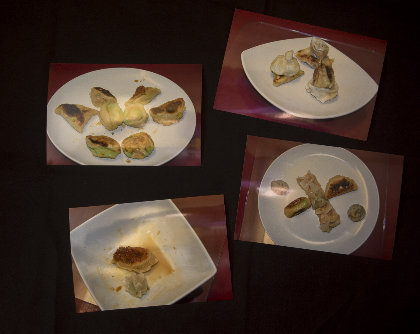 4 photographs of different dumpling dishes plated by attendees of the 19 Pigs event