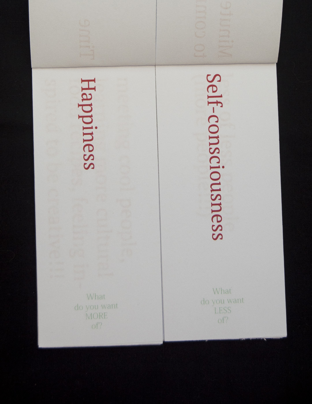 two side by side slips of paper that say "Happiness" and "Self-consciousness"