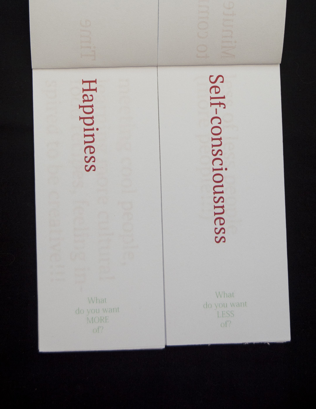 two side by side slips of paper that say "Happiness" and "Self-consciousness"