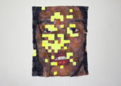 a self-portrait of the artist painted on 180 squares stitched together. various squares of bright yellow mask the face