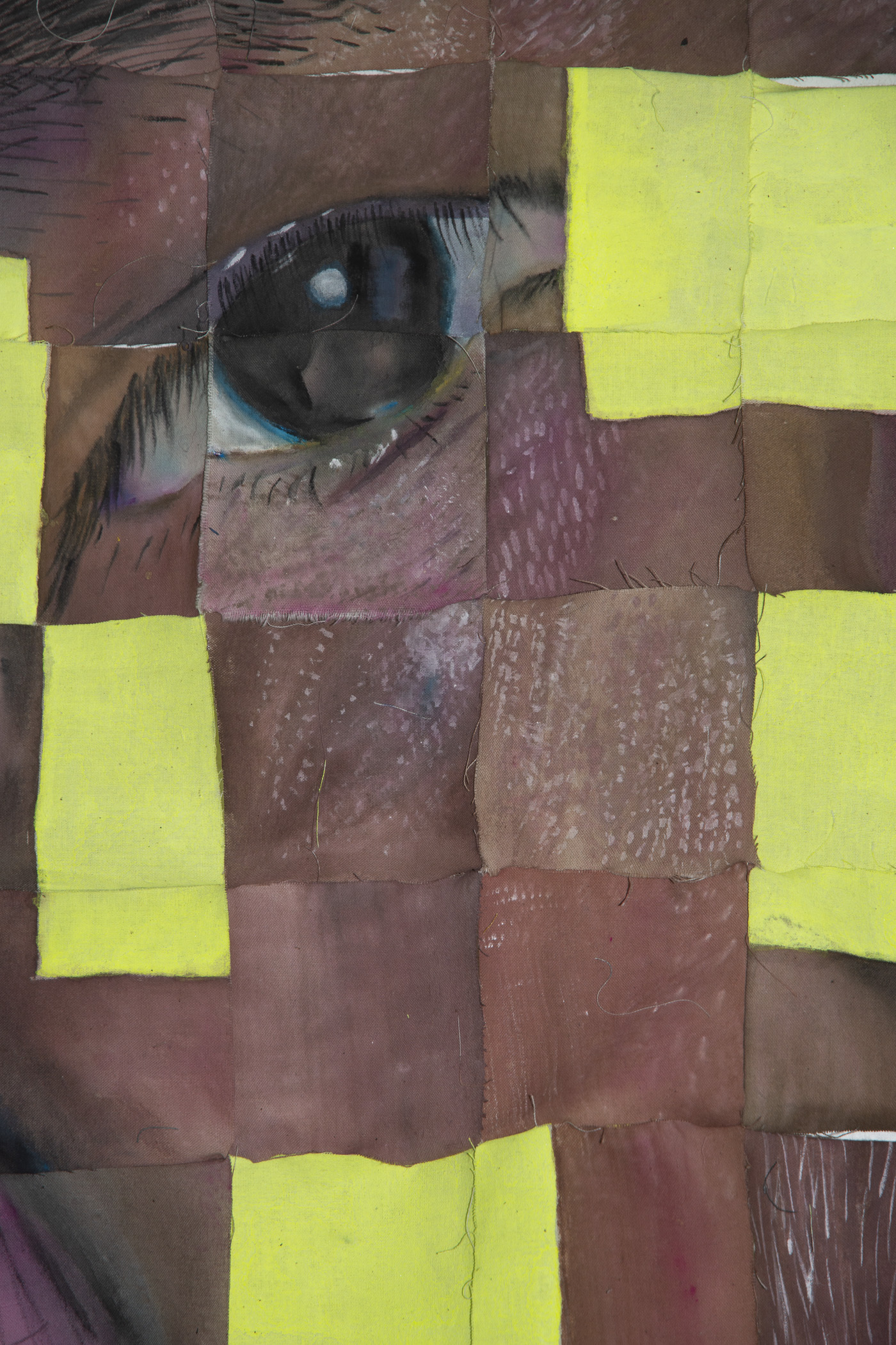 detail of the gouache on muslin painting of the artist's face