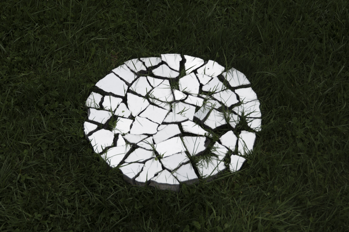 A circular shaped mirror is shattered and lying on the grass.